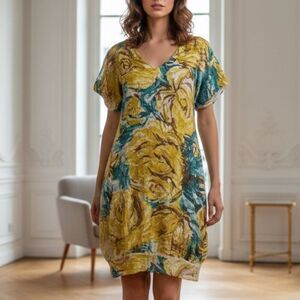 Moth Anthropologie Brona Sweater Dress - Mustard & Teal Floral - Size Small
